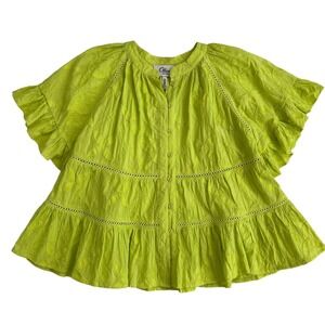 Ollari New York Maia Cotton Ruffle Tiered Button Blouse in Pistachio Green SZ XS
